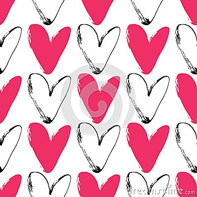 Heart grunge seamless pattern on white background. Hand drawn Vector Illustration