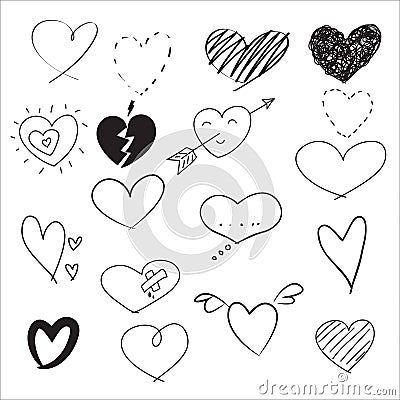 Heart hand drawn doodle Valentine`s Day cute vector set Vector Illustration