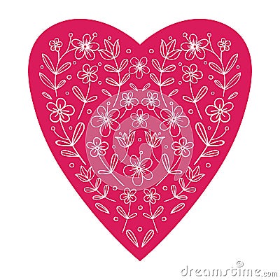 Heart with hand drawn flowers. Valentine`s day card Vector Illustration
