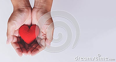 Heart on hand for philanthropy / woman holding red heart in hands for valentines day or donate help give love warmth take care Stock Photo