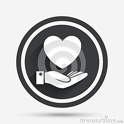 Heart and hand sign. Palm holds love symbol. Vector Illustration