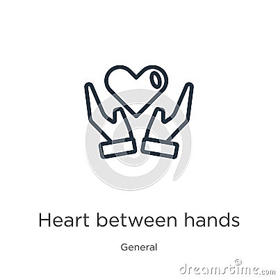 Heart between hands icon. Thin linear heart between hands outline icon isolated on white background from general collection. Line Vector Illustration