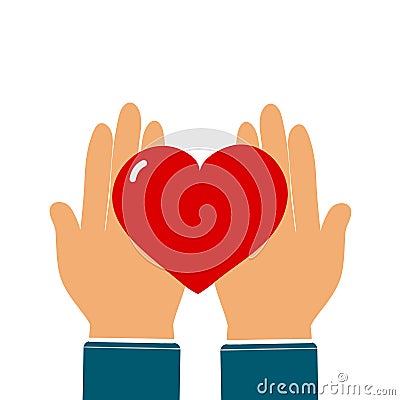 Heart in hands. Symbol of charity, mercy, love, goodness and hope. Vector illustration in flat style Vector Illustration