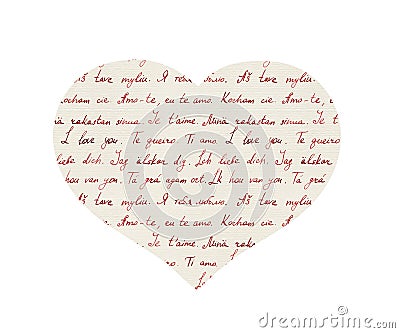 Heart with handwritten text I love you in mixed languages english, french, german, spanish, polish, others . Vintage Stock Photo