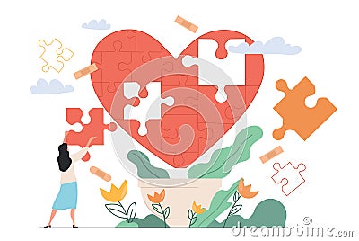 Heart healing therapy after emotional and painful marriage divorce as missing jigsaw puzzle pieces Vector Illustration