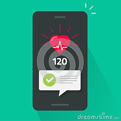 Heart health check test on mobile phone app tracker vector, smartphone heartbeat good pulse cardiogram line flat cartoon Vector Illustration