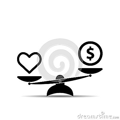 Heart Health and Money on Scales icon. Balance, quality health concept in Flat design. Vector illustration. Cartoon Illustration