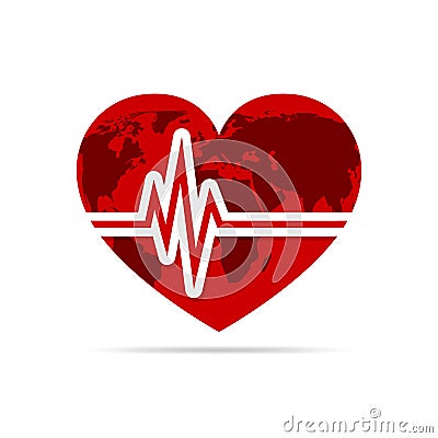 Heart with heartbeat icon and world map. Vector illustration. Cartoon Illustration