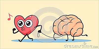 The Heart holding a leash with a brain. Isolated Vector Illustration Stock Photo