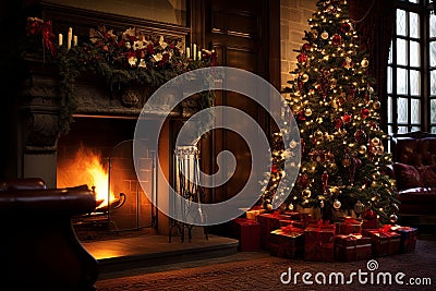 Golden Glow: Christmas Tree by Hearth Celebrating Festive Warmth Stock Photo
