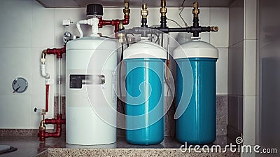 The Heart of Home Comfort, House Water Filters, Heating Boilers, Pumps, and Advanced Ball Valves Working in Perfect Harmony. Stock Photo