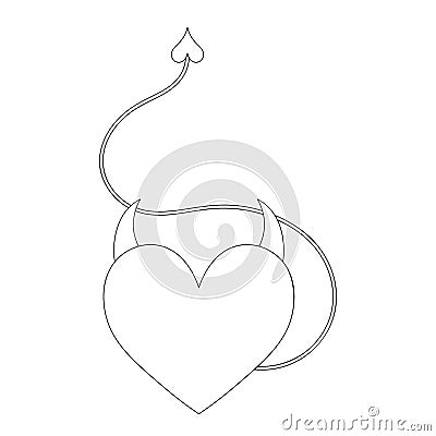 Heart with horns and a tail. Sketch. Devils heart. Vector illustration. A symbol of love in a devilish guise. Isolated background. Vector Illustration