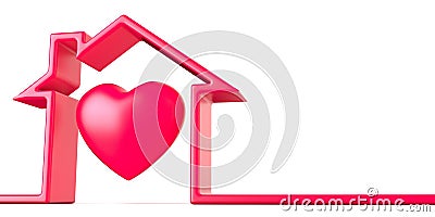 Heart in house made of red line 3D Cartoon Illustration