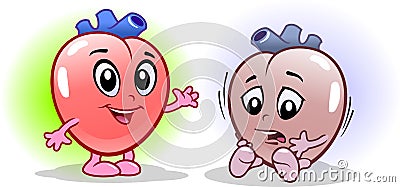 Heart Human Internal Organ Healthy Vs Unhealthy, Medical Anatomic Funny Cartoon Character Pair In Comparison Happy Against Sick An Vector Illustration