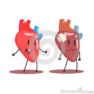 Heart Human Internal Organ Healthy Vs Unhealthy, Medical Anatomic Funny Cartoon Character Pair In Comparison Happy Vector Illustration