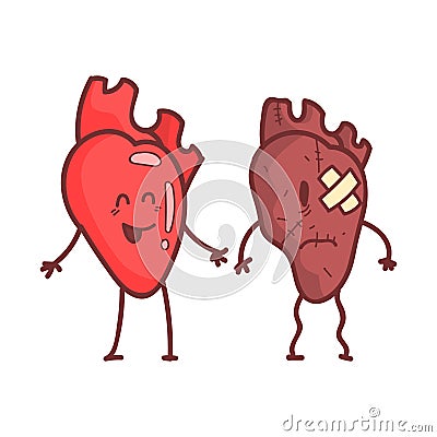 Heart Human Internal Organ Healthy Vs Unhealthy, Medical Anatomic Funny Cartoon Character Pair In Comparison Happy Vector Illustration