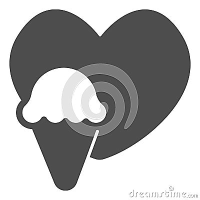 Heart and icecream waffle cone solid icon, icecream concept, icecream vector sign on white background, heart and waffle Vector Illustration