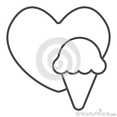 Heart and icecream waffle cone thin line icon, icecream concept, icecream vector sign on white background, heart and Vector Illustration