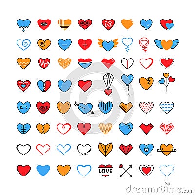 Heart icon big set in flat and line icon style trendy bright modern colors Stock Photo