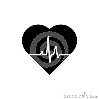 Heart, Icon of human health. Black heart icon with pulse line on white background Vector Illustration