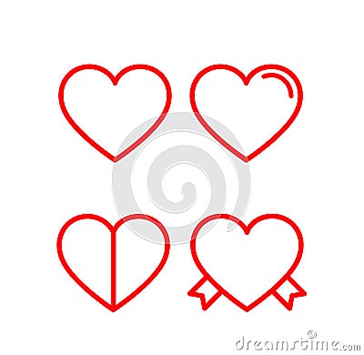 Heart icon set. Red lined hearts with love, ribbons Vector Illustration