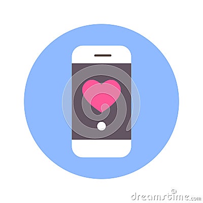 Heart Icon On Smart Phone Message On Blue Round Background Isolated Vector Illustration