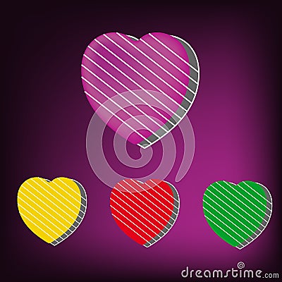 Heart Icon Vector four variations in style flat on purple background. Stock Photo