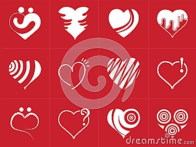 Heart icons collection in trendy flat style isolated on red background. Vector Illustration