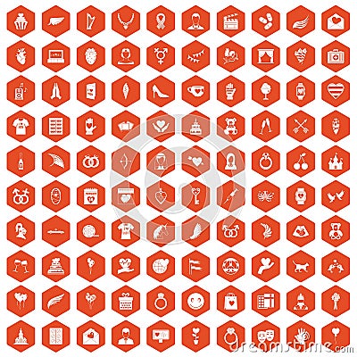 100 heart icons hexagon orange Vector Illustration