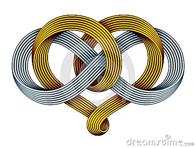 Heart with infinity symbol of gold and silver mobius strip. Forever love sign. Vector illustration Vector Illustration