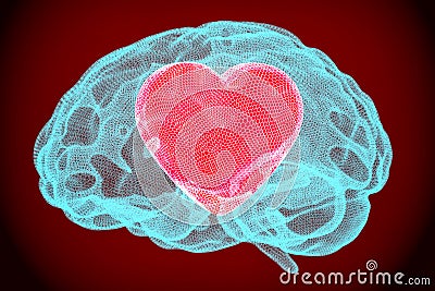 Heart inside brain, smart love concept. 3D Stock Photo