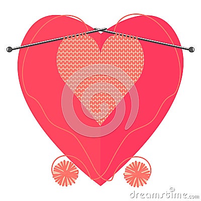 Heart is knitted of two balls. Fashionable colors of coral color. Vector Illustration