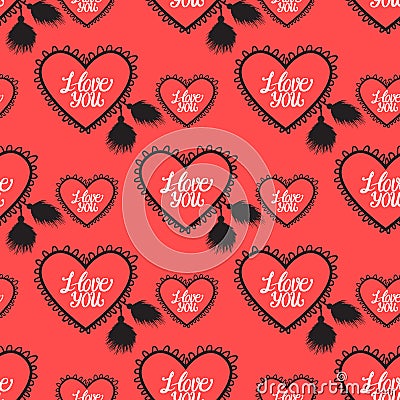 Heart with lace and I love you lettering. Seamless pattern. Vector illustration. Velentines day design Vector Illustration