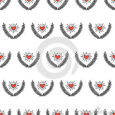 Heart between laurel wreath seamless vector pattern. Repeating background red doodle hearts floral branches. Surface pattern Vector Illustration