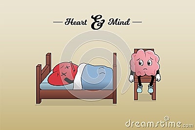 Heart lays sick on his bed while heart sits worried next to him. Vector Illustration