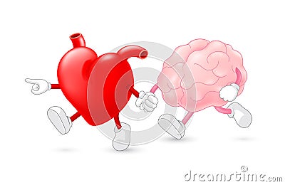 Heart leading brain character. hand in hand and walking together. Vector Illustration