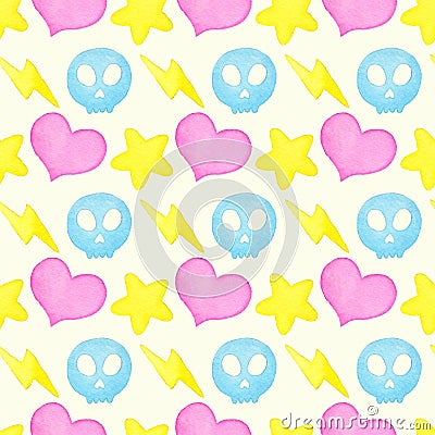 Heart, lightning, star, skull watercolor seamless pattern Stock Photo
