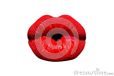 Heart in lips isolated on white background. Red woman mouth. Sexy kiss. Valentines day concept. Icon of love. Happy Stock Photo