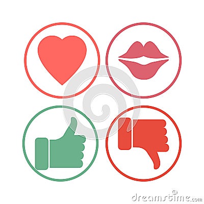 Heart, lips, thumb up and down icons Vector Illustration