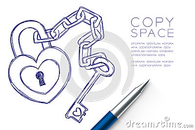 Heart lock and key chain love couple symbol hand drawing by pen sketch blue color, valentine concept design Vector Illustration