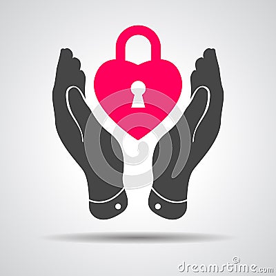 Heart lock shape icon in careful hands Vector Illustration
