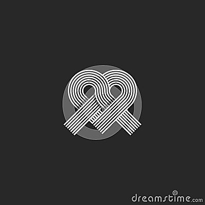 Heart logo monogram shape knot, wedding invitation design element, crossing offset thin line overlapping emblem Vector Illustration