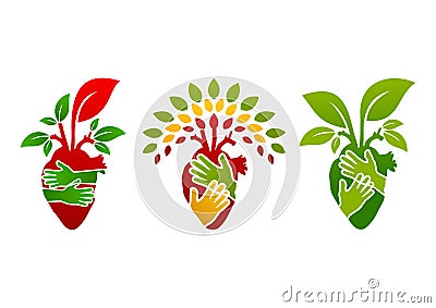 Heart logo, tree people symbol, nature plant icon and healthy heart concept design Vector Illustration