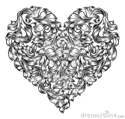 Heart Love Floral Woodcut Vintage Etching Vector Illustration