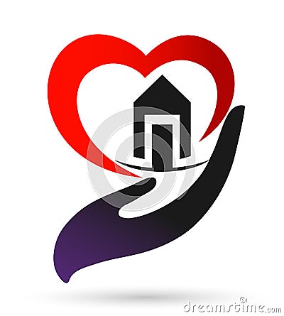 Heart love hand home house with care icon logo illustrations Cartoon Illustration