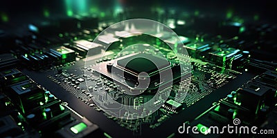 Heart of the Machine: Microprocessor in Green Glow. Motherboad electronics. Generative AI Stock Photo