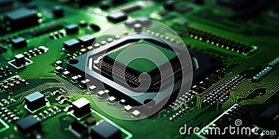 Heart of the Machine: Microprocessor in Green Glow. Motherboad electronics. Generative AI Stock Photo