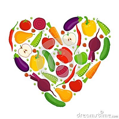 Heart made of fruits and vegetables Vector Illustration