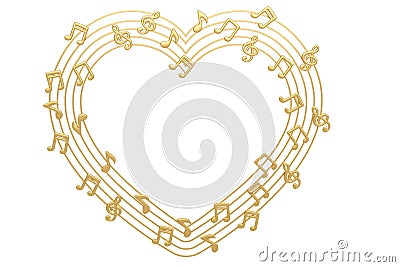 Heart made with gold musical notes.3D illustration. Cartoon Illustration