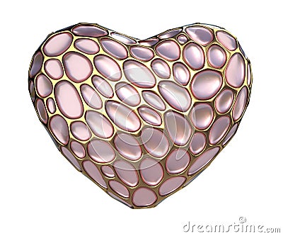 Heart made of golden shining metallic 3D with pink glass isolated on white background. Stock Photo